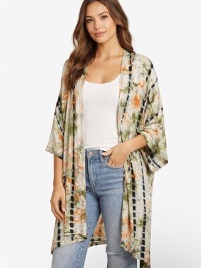 Coin 1804 Tie Dye Kimono Cardigan L Olive Green Orange Open Front Duster